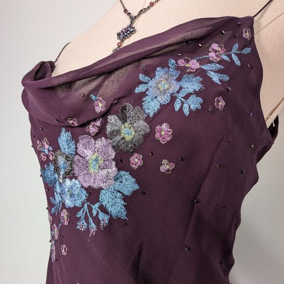 Vintage Papell Silk Midi Dress Cocktail Gown 6 Purple Y2K Fairy Floral Bead Slip - Picture 5 of 15